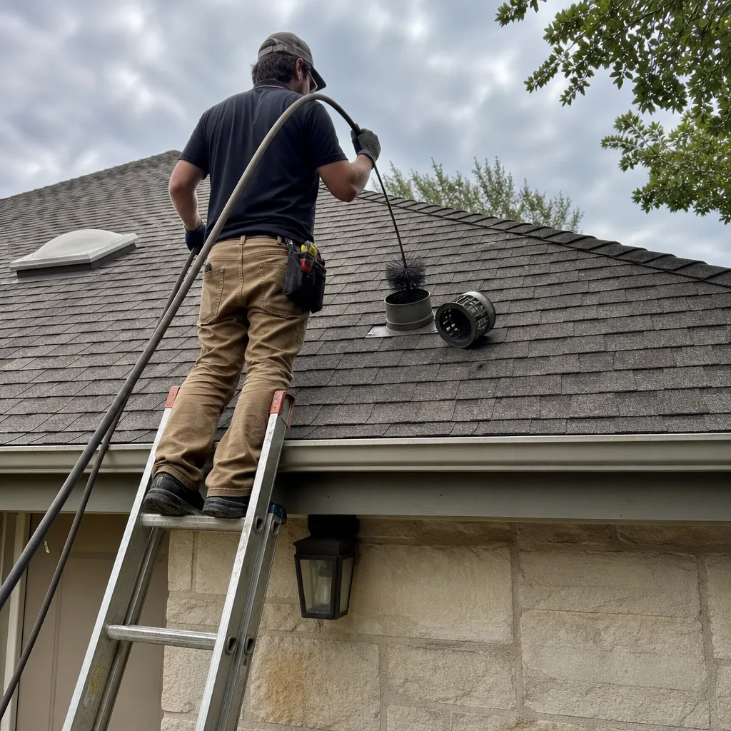 Technician performing professional dryer vent cleaning from a roof ladder
